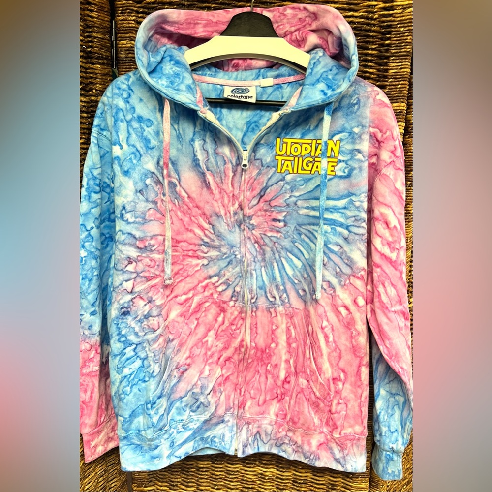 Colortone- Utoplan Tailgate-Blue/Pink Tie-Dye Hoodie-Medium, Discolored collar